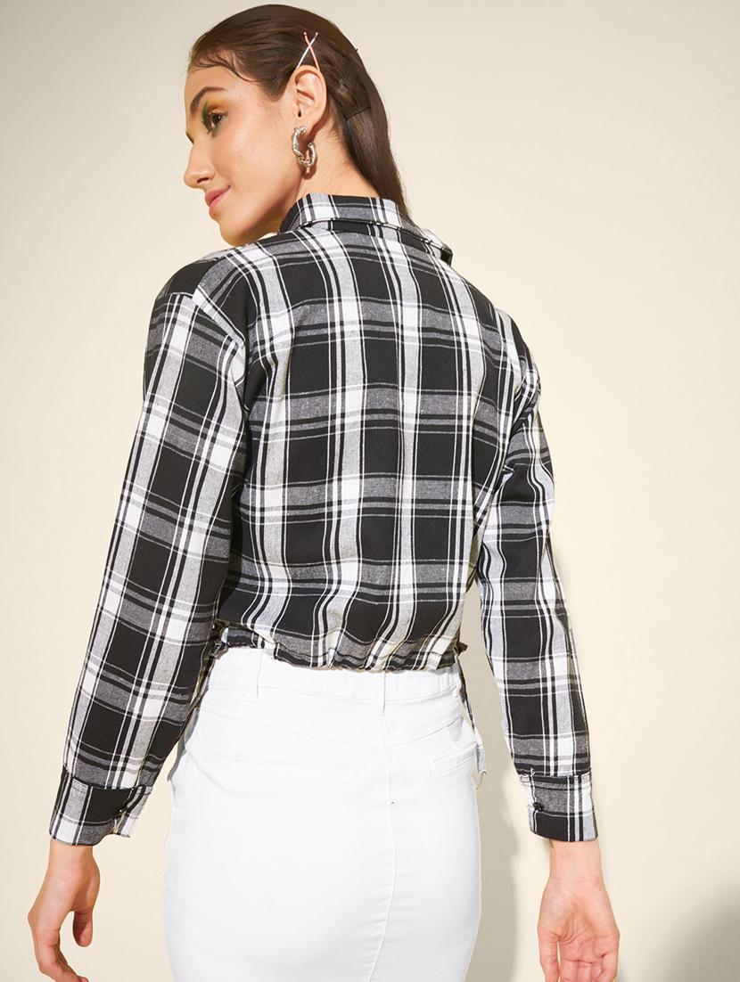women checkered collared long sleeve crop shirt - 21947482 - Standard Image - 3