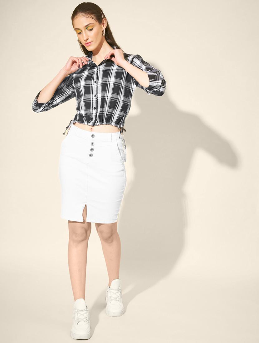 women checkered collared long sleeve crop shirt - 21947482 - Standard Image - 5