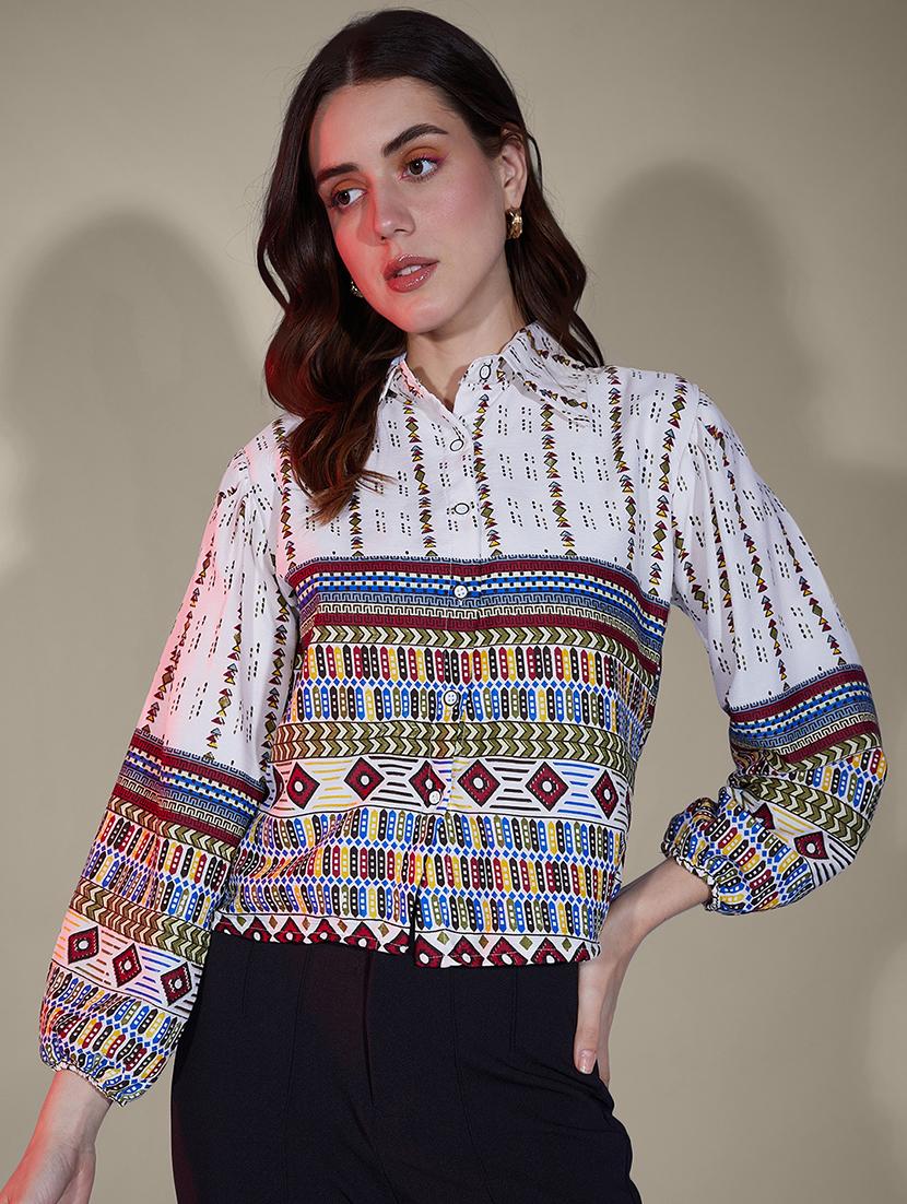 women printed collared puff sleeve regular shirt - 21947483 - Zoom Image - 0