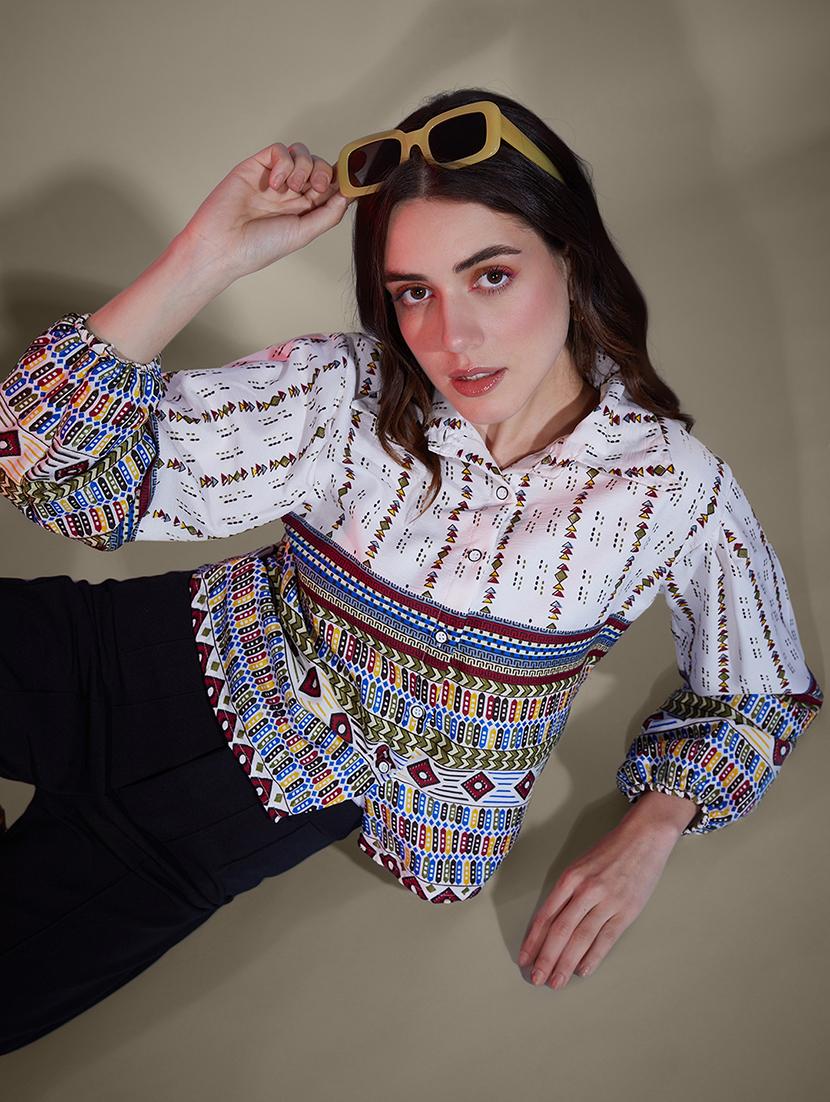 women printed collared puff sleeve regular shirt - 21947483 - Standard Image - 3