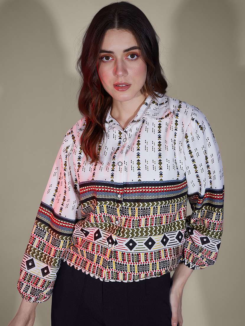 women printed collared puff sleeve regular shirt - 21947485 -  Zoom Image - 0