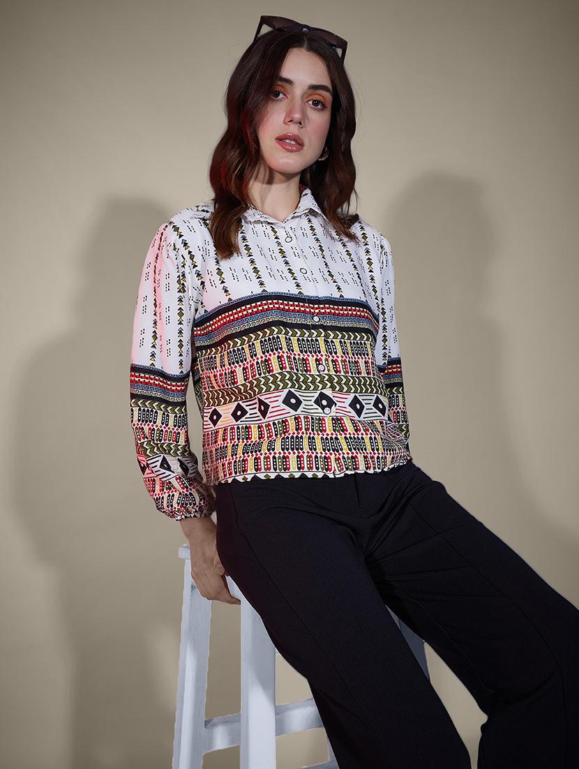 women printed collared puff sleeve regular shirt - 21947485 - Standard Image - 3