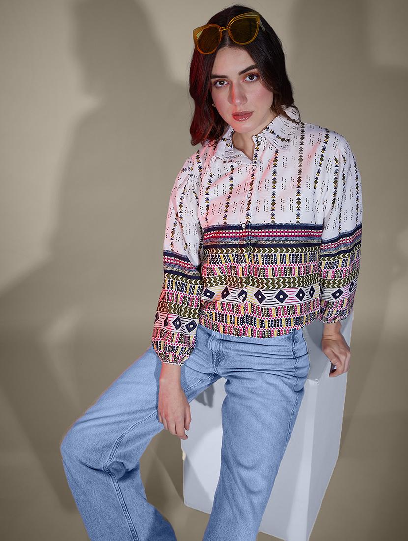 women printed puff sleeve collared regular shirt - 21947486 - Standard Image - 3