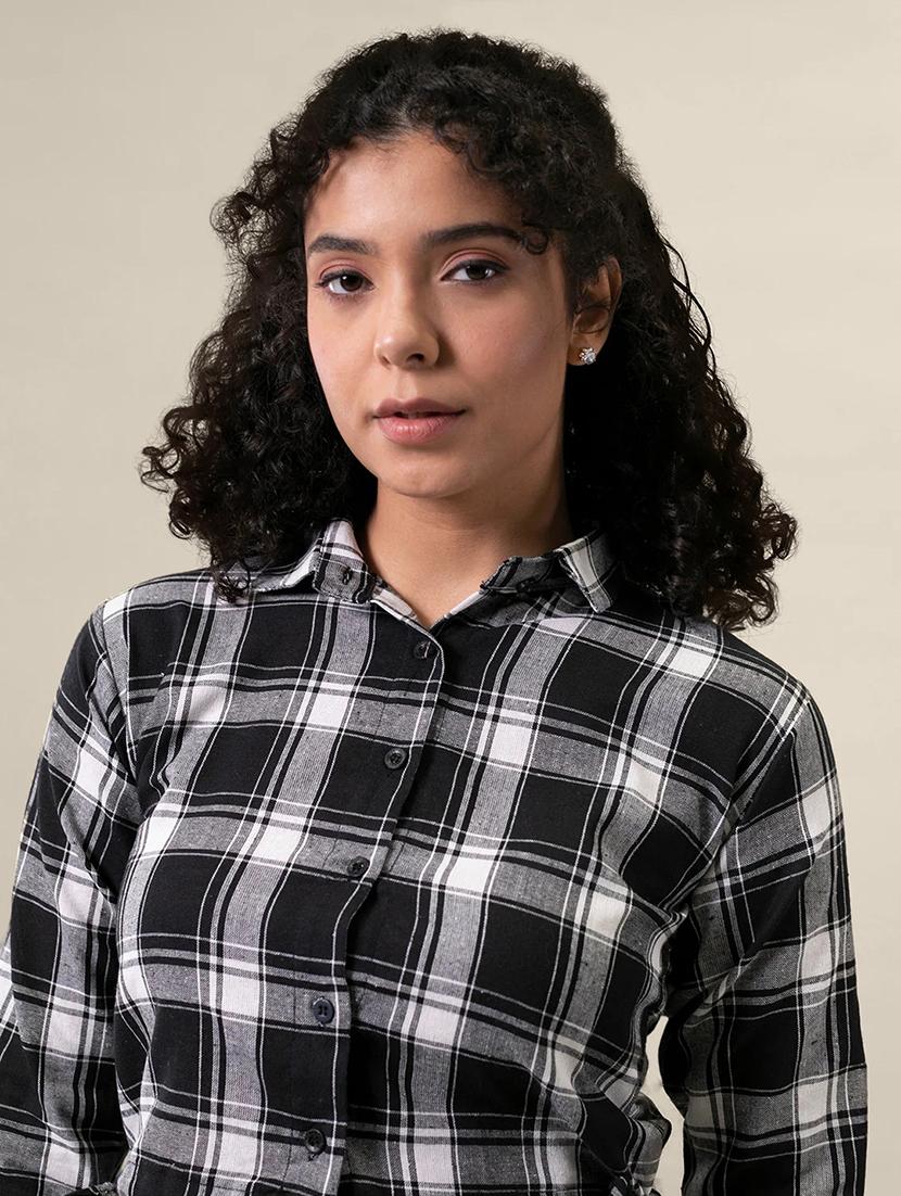 women checkered collared long sleeve crop shirt - 21947487 - Standard Image - 3