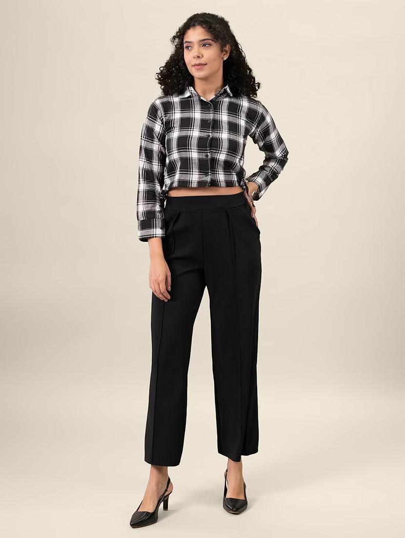 women checkered collared long sleeve crop shirt - 21947487 - Standard Image - 5