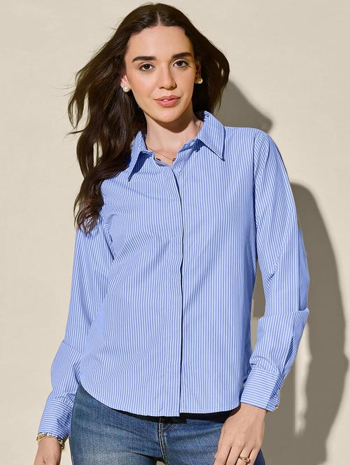 women light blue striped long sleeve collared shirt - 21947490 - Standard Image - 0