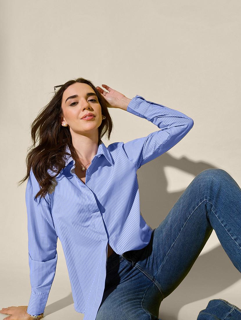 women light blue striped long sleeve collared shirt - 21947490 - Standard Image - 3