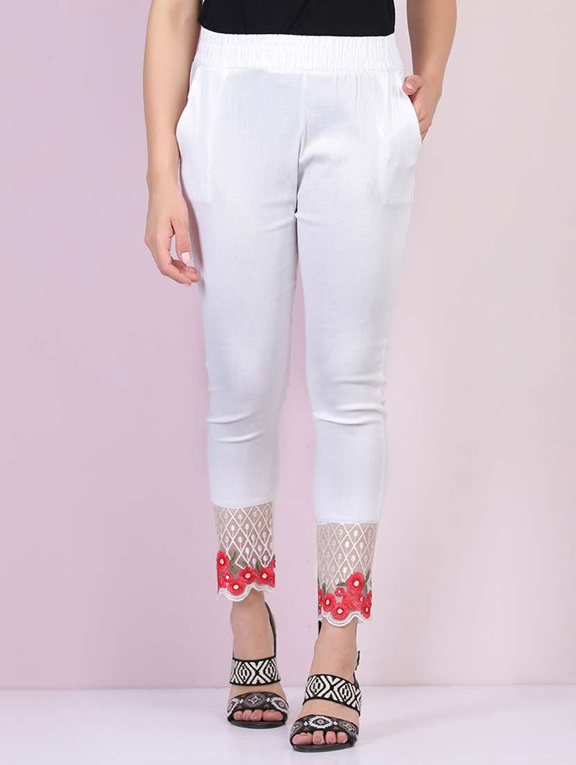 women embroidered hem mid rise tapered pant - 21947500 - Zoom Image - 0