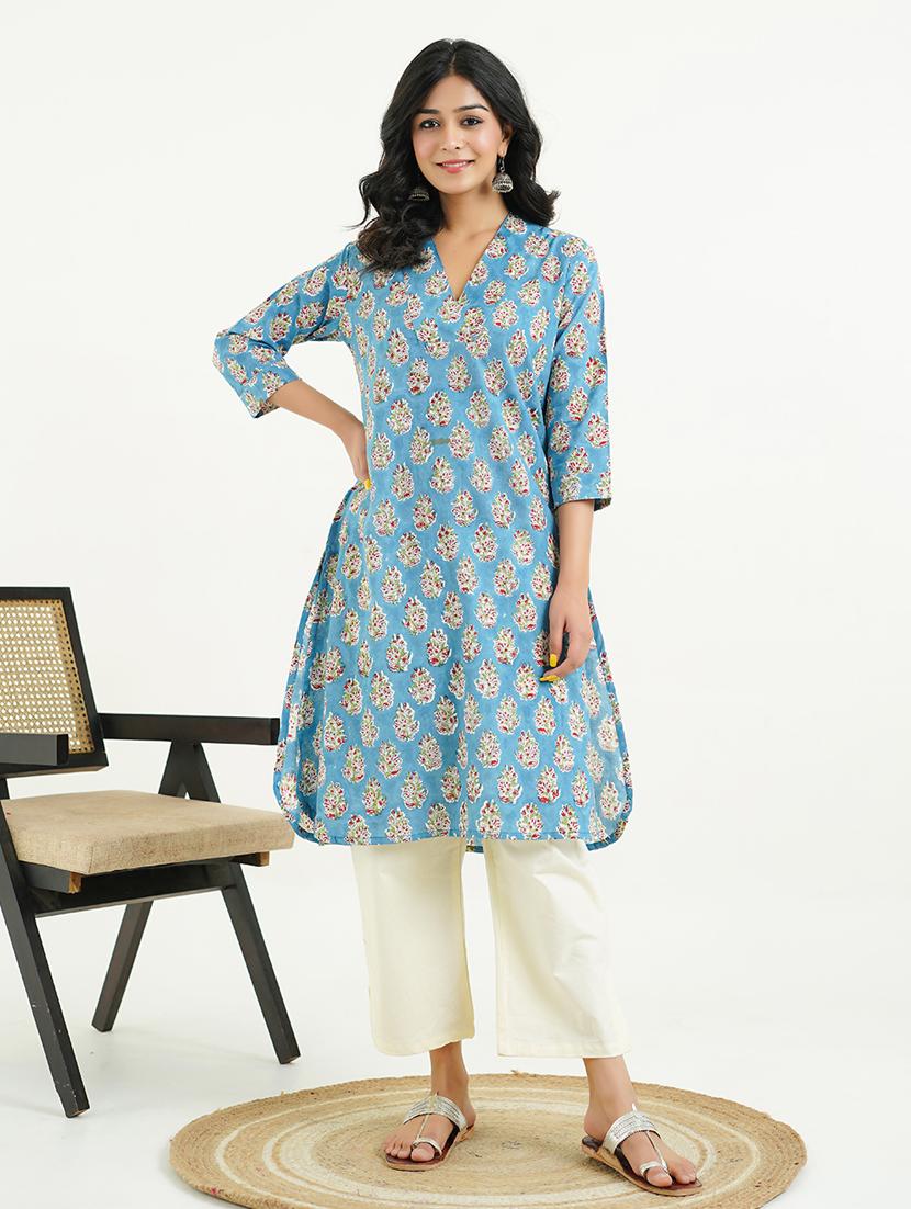 women three quarter sleeve a-line kurta - 21947558 - Standard Image - 3