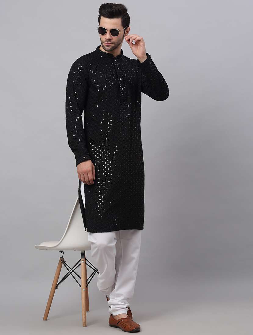 men embroidered mandarin neck long kurta - 21947574 - Standard Image - 3