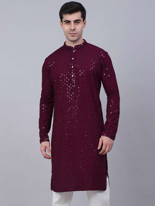 men embroidered mandarin neck long kurta - 21947576 -  Standard Image - 0
