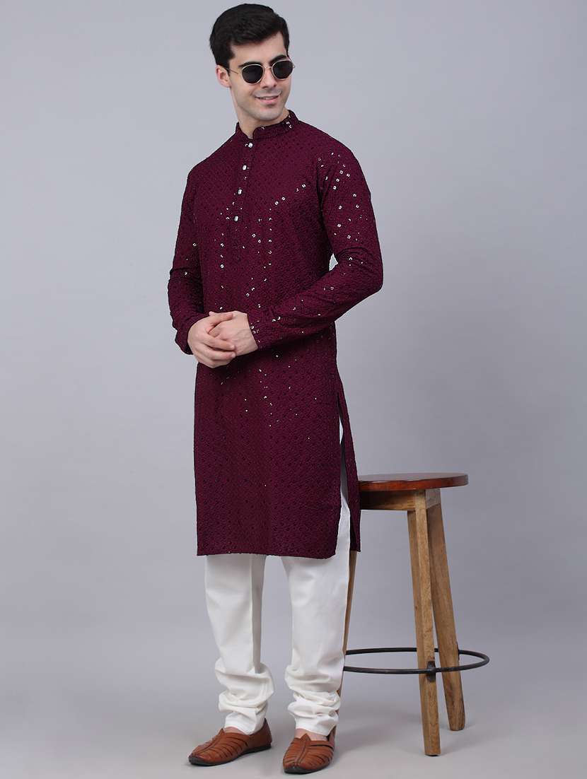 men embroidered mandarin neck long kurta - 21947576 - Standard Image - 3