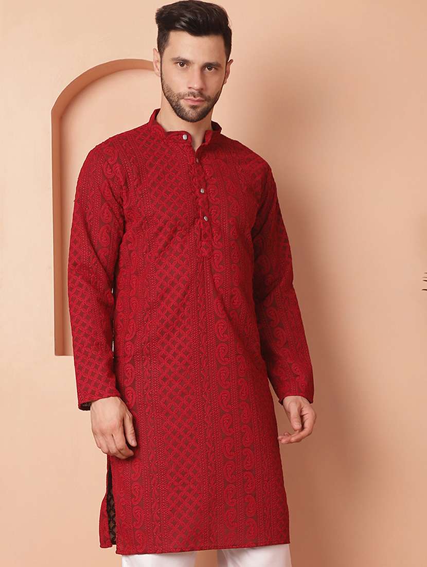men embroidered mandarin neck long kurta - 21947578 - Zoom Image - 0