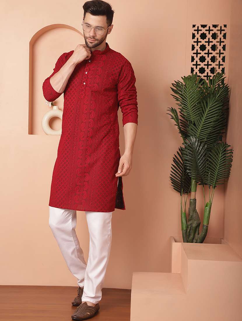 men embroidered mandarin neck long kurta - 21947578 - Standard Image - 3