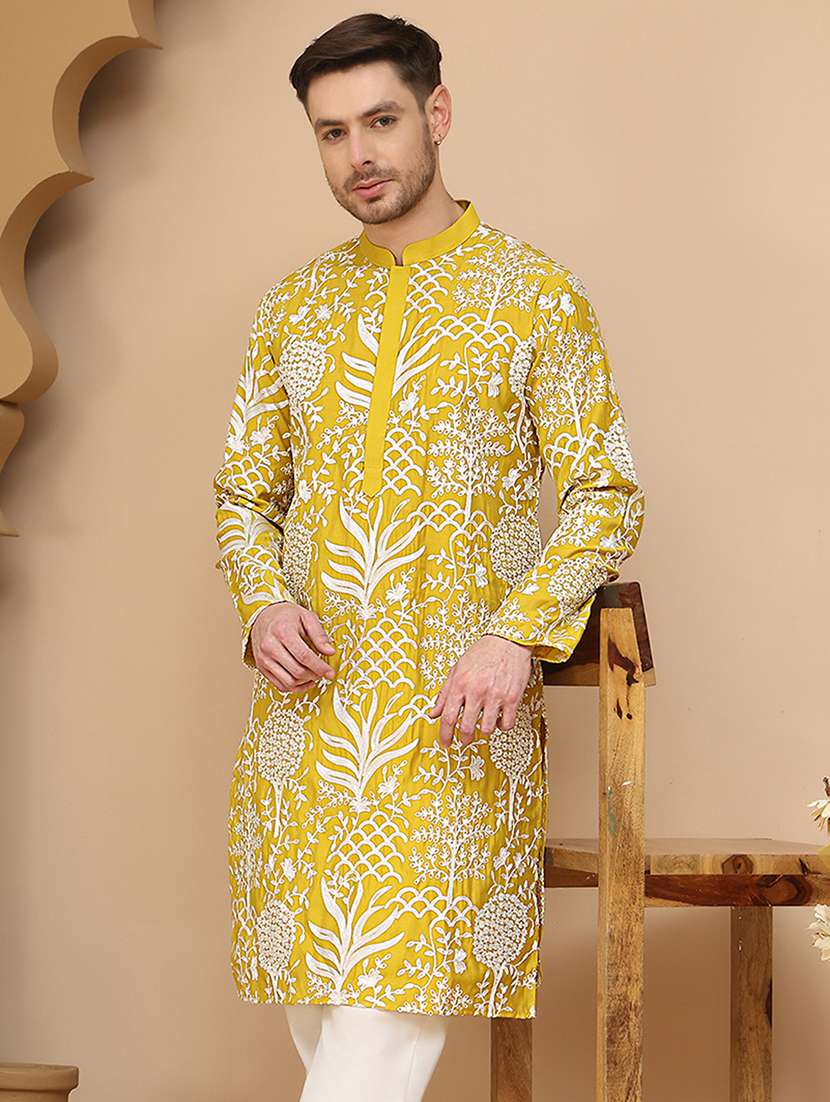men embroidered mandarin neck long kurta