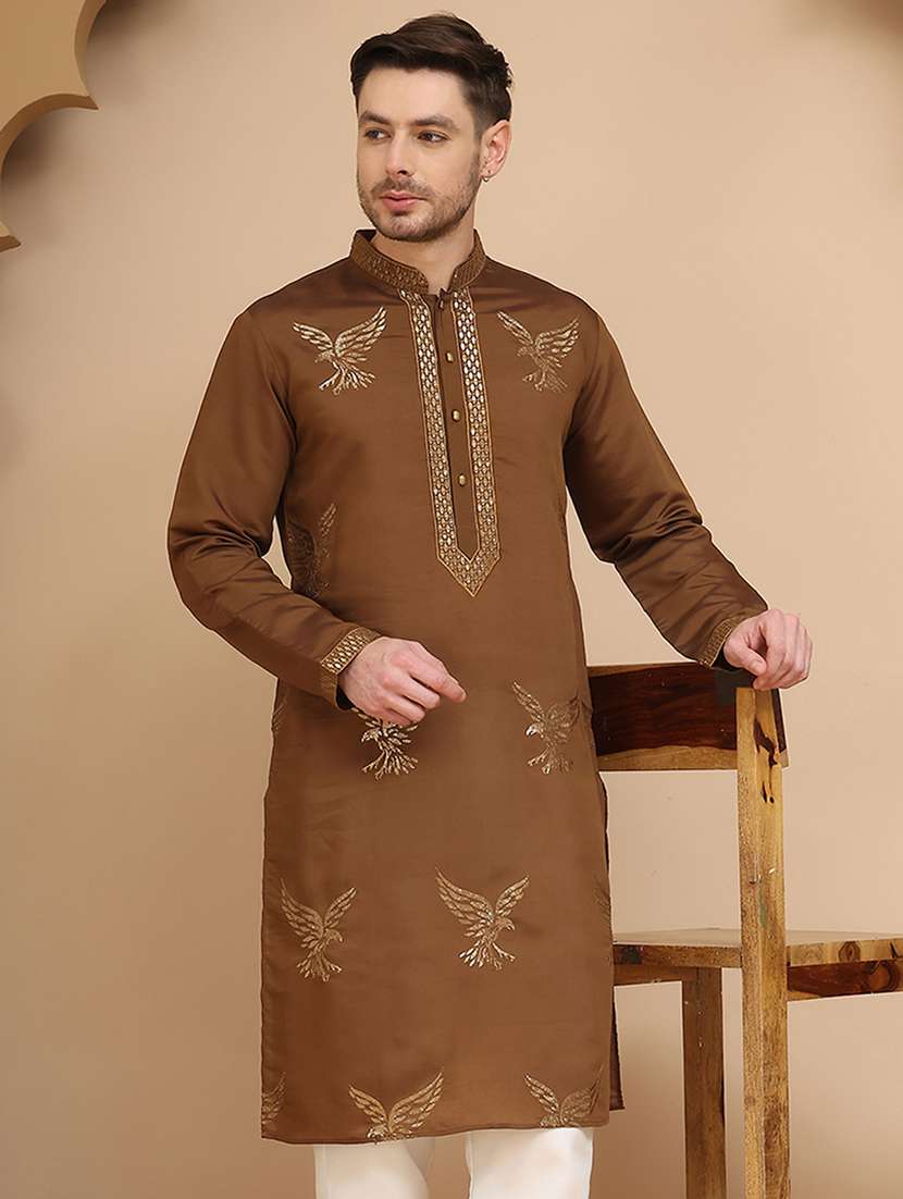 men embroidered mandarin neck long kurta - 21947585 - Zoom Image - 0
