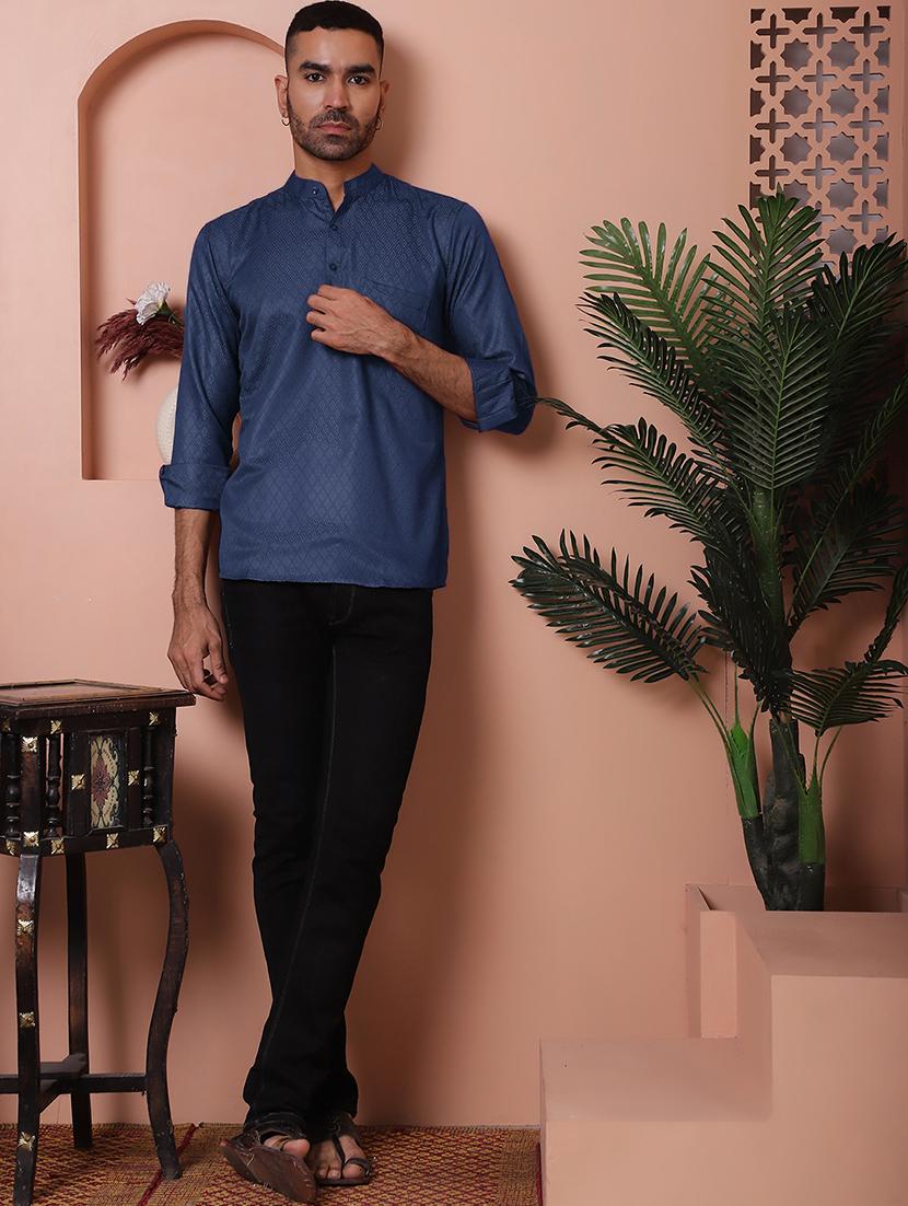 men self design mandarin neck short kurta - 21947591 - Standard Image - 3