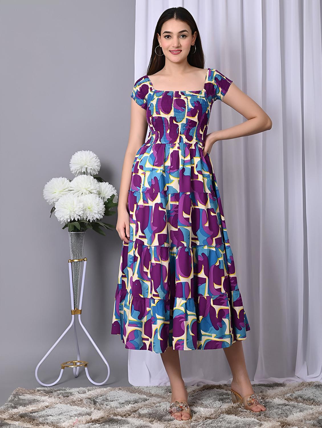women printed cap sleeve smocked tiered dress - 21947626 -  Zoom Image - 0