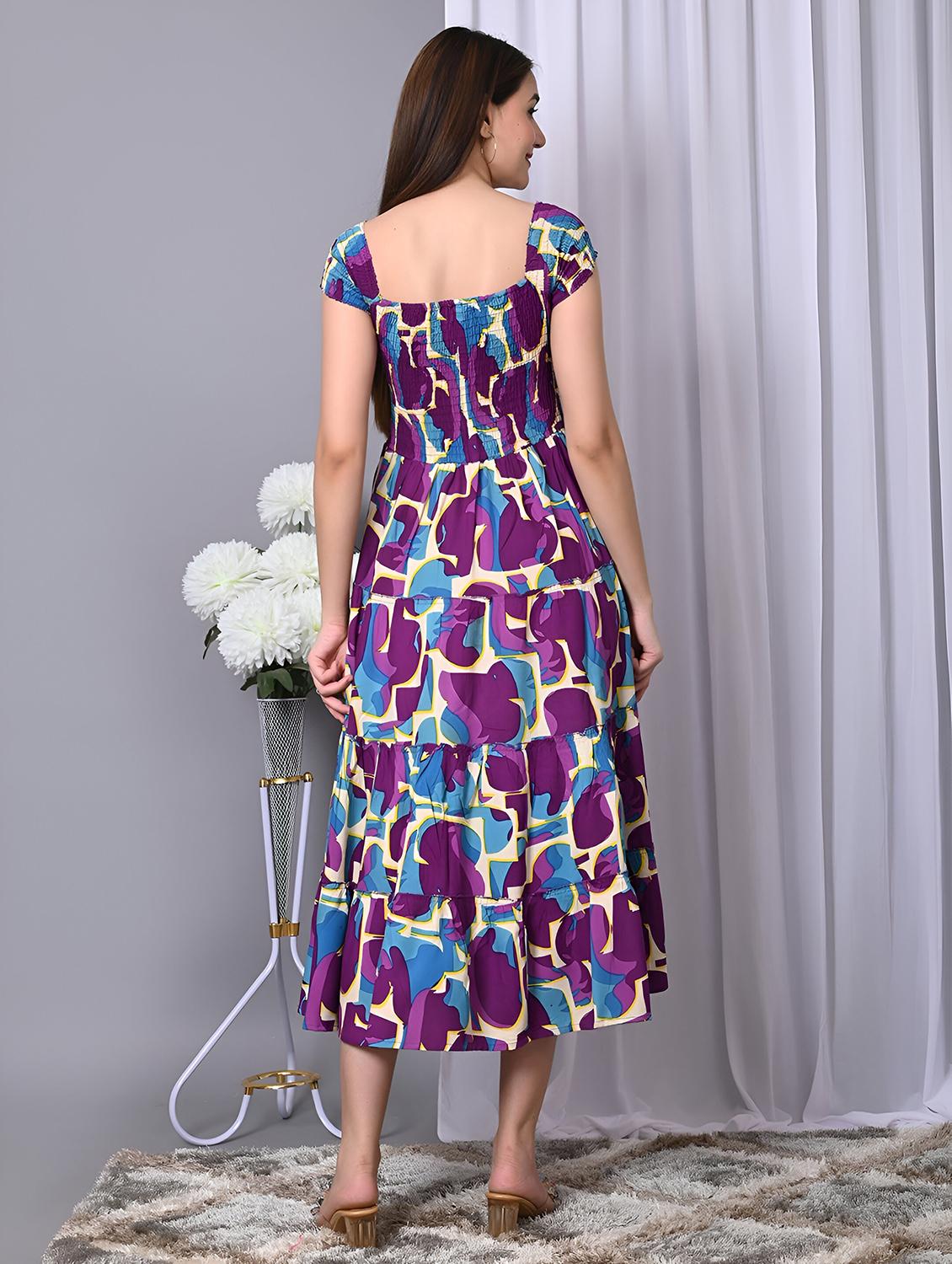 women printed cap sleeve smocked tiered dress - 21947626 - Standard Image - 3