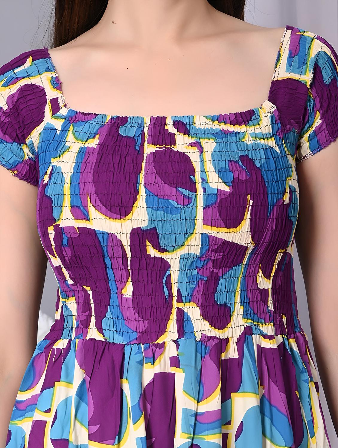women printed cap sleeve smocked tiered dress - 21947626 - Standard Image - 5