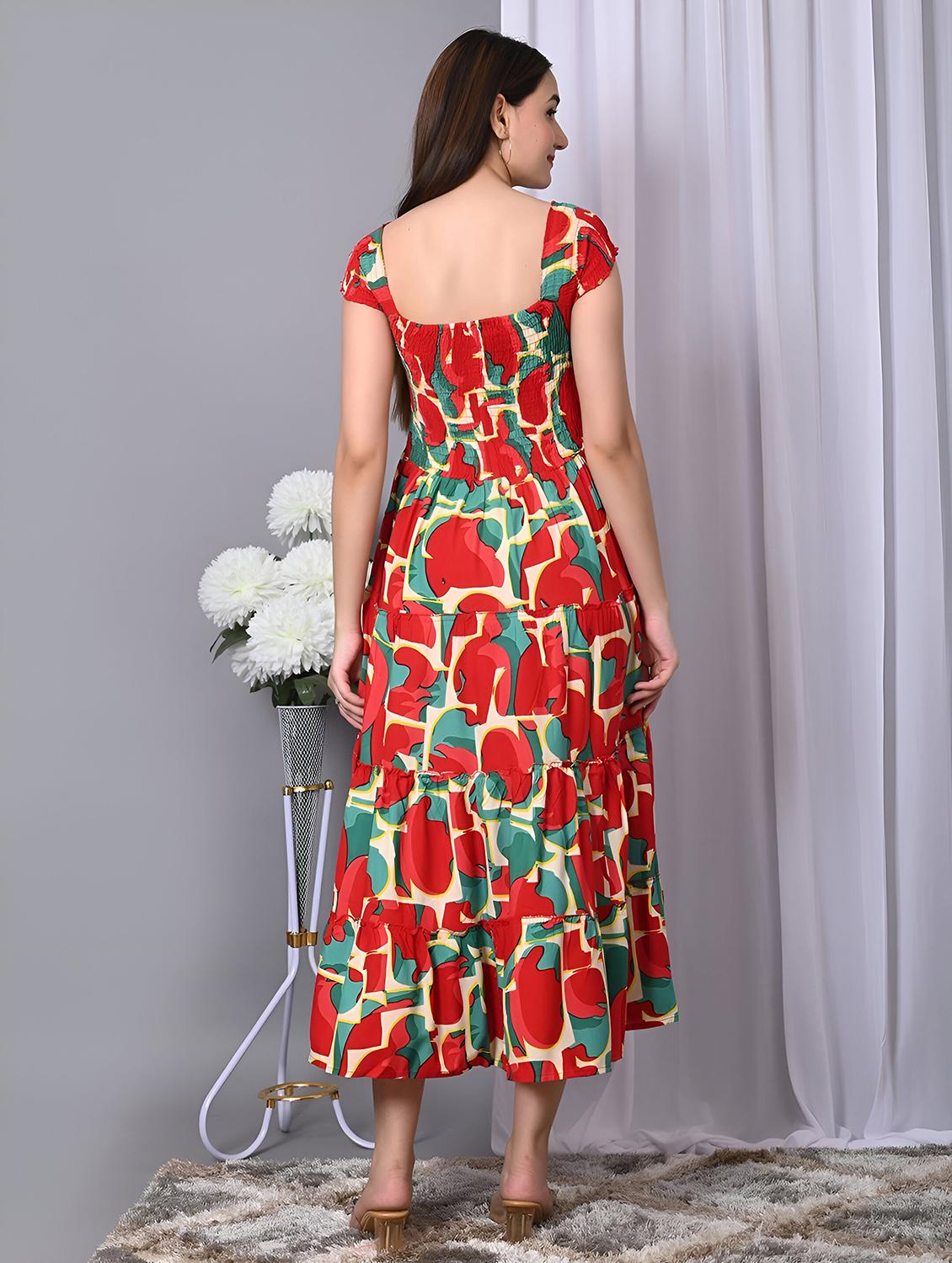 women printed cap sleeve smocked tiered dress - 21947627 - Standard Image - 3