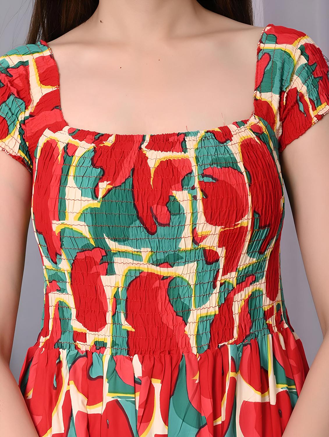 women printed cap sleeve smocked tiered dress - 21947627 - Standard Image - 5