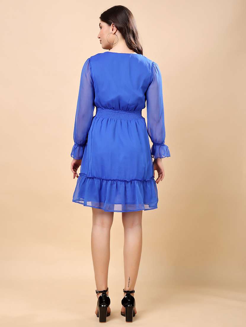 Women Blue Solid Puff Sleeve Tiered Dress