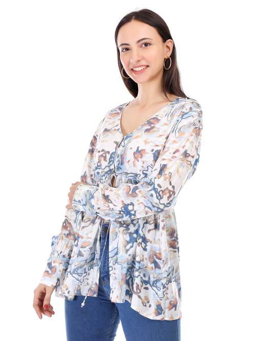 women printed long sleeve front open flared top - 21947834 - Standard Image - 0