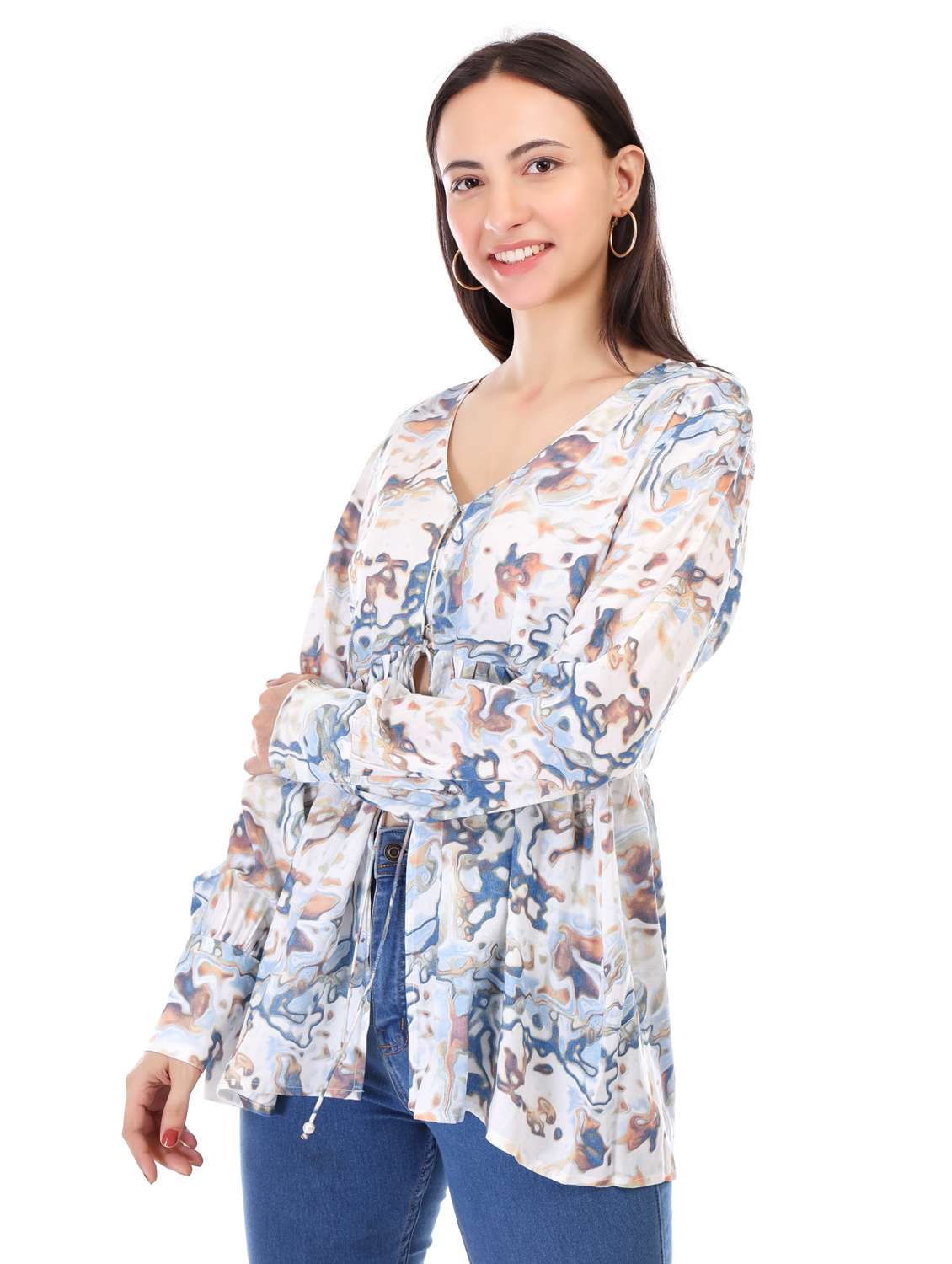 women printed long sleeve front open flared top - 21947834 - Zoom Image - 0