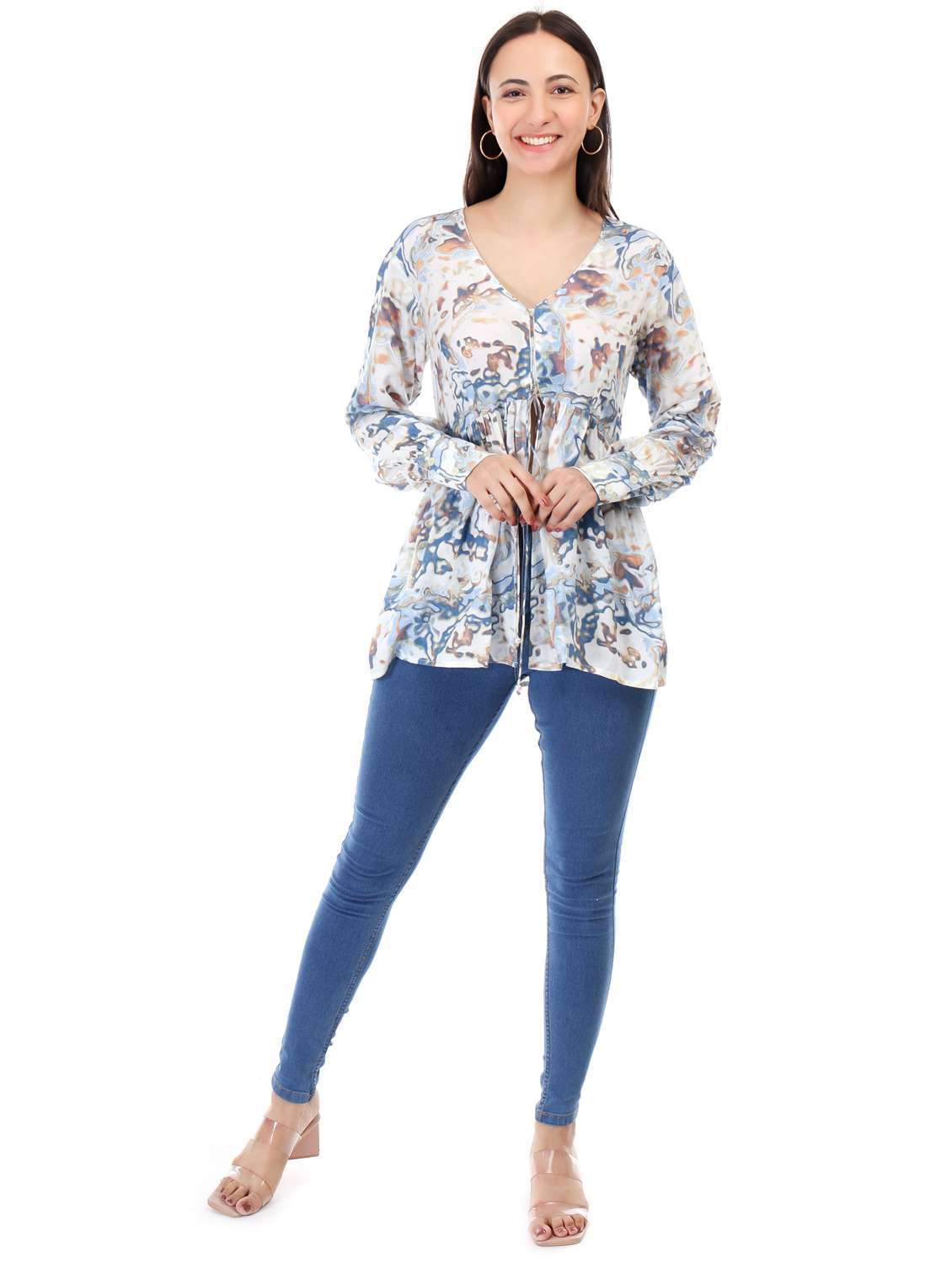 women printed long sleeve front open flared top - 21947834 - Standard Image - 3