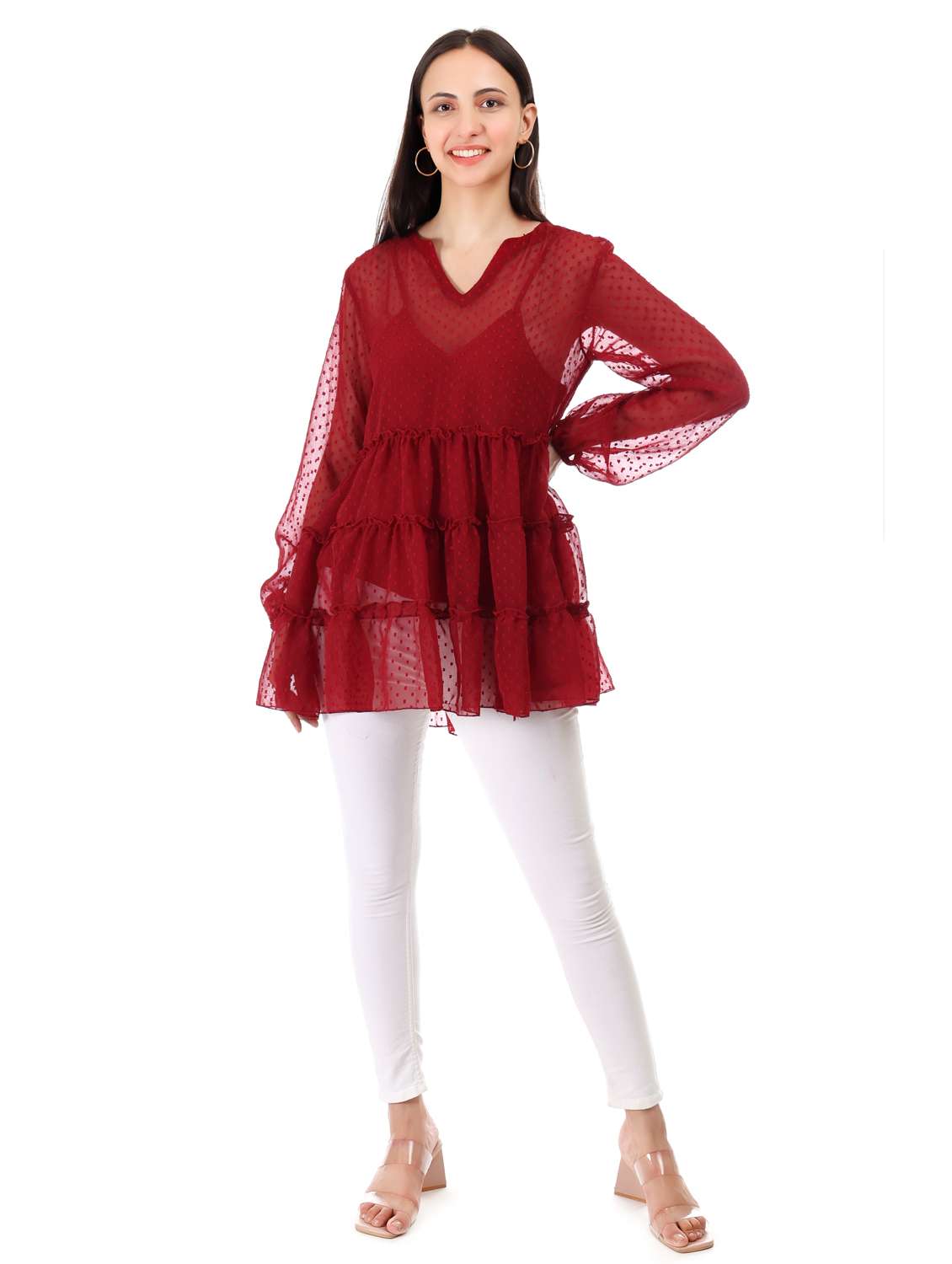 women self designed long sleeve tiered top - 21947837 - Standard Image - 3