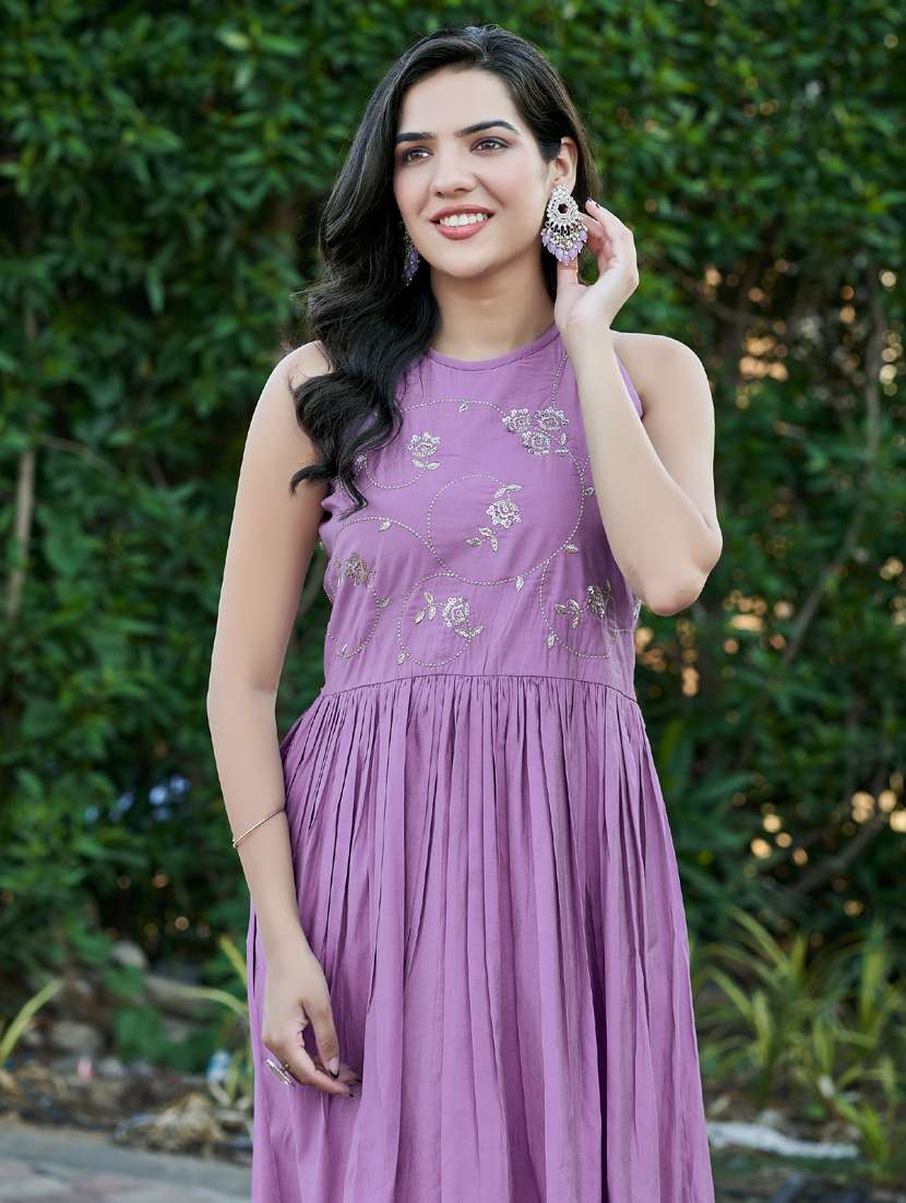 women lavender embroidered sleeve kurta palazzo set - 21947856 -  Standard Image - 3