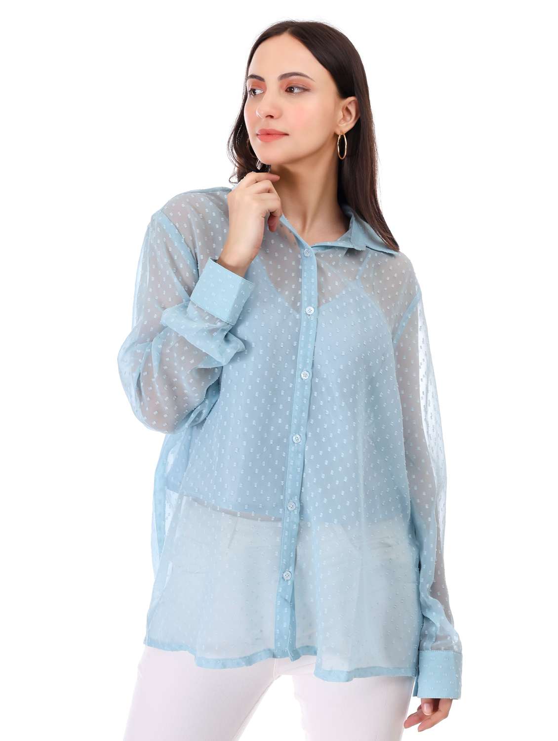 women self designed collared oversized sheer shirt
