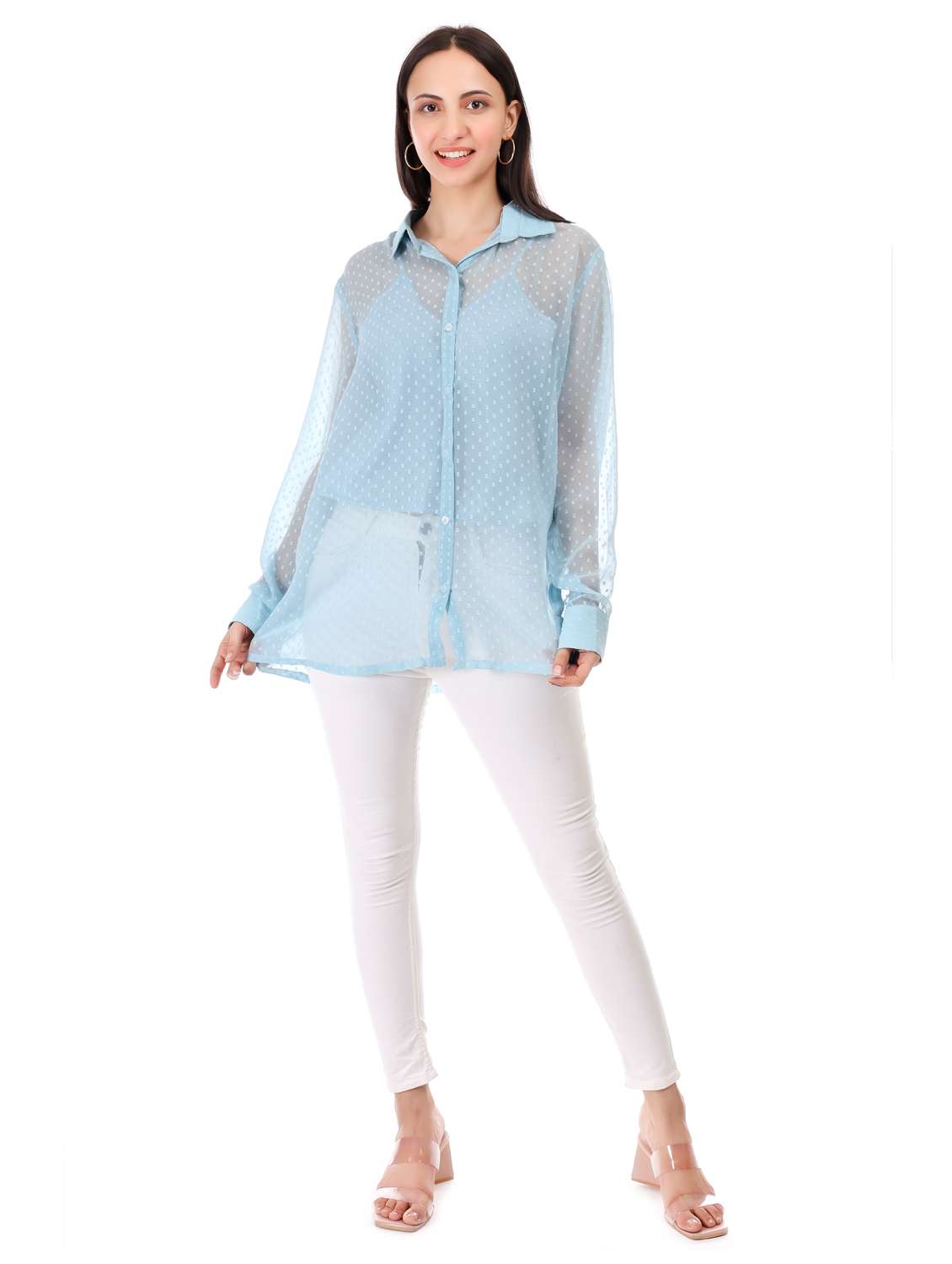 women self designed collared oversized sheer shirt - 21947860 -  Standard Image - 3