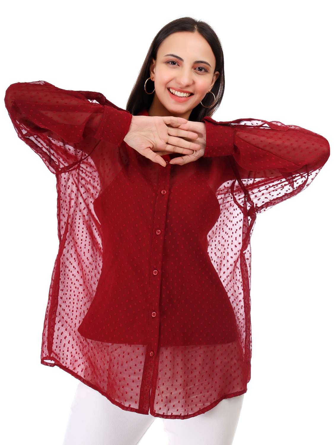 women self designed collared oversized sheer shirt - 21947861 -  Zoom Image - 0