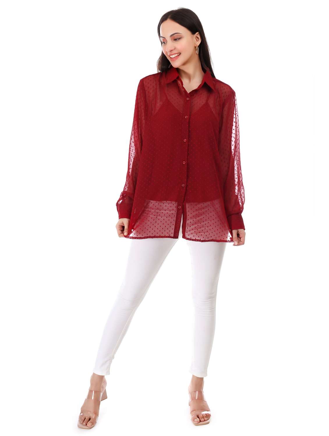 women self designed collared oversized sheer shirt - 21947861 - Standard Image - 3