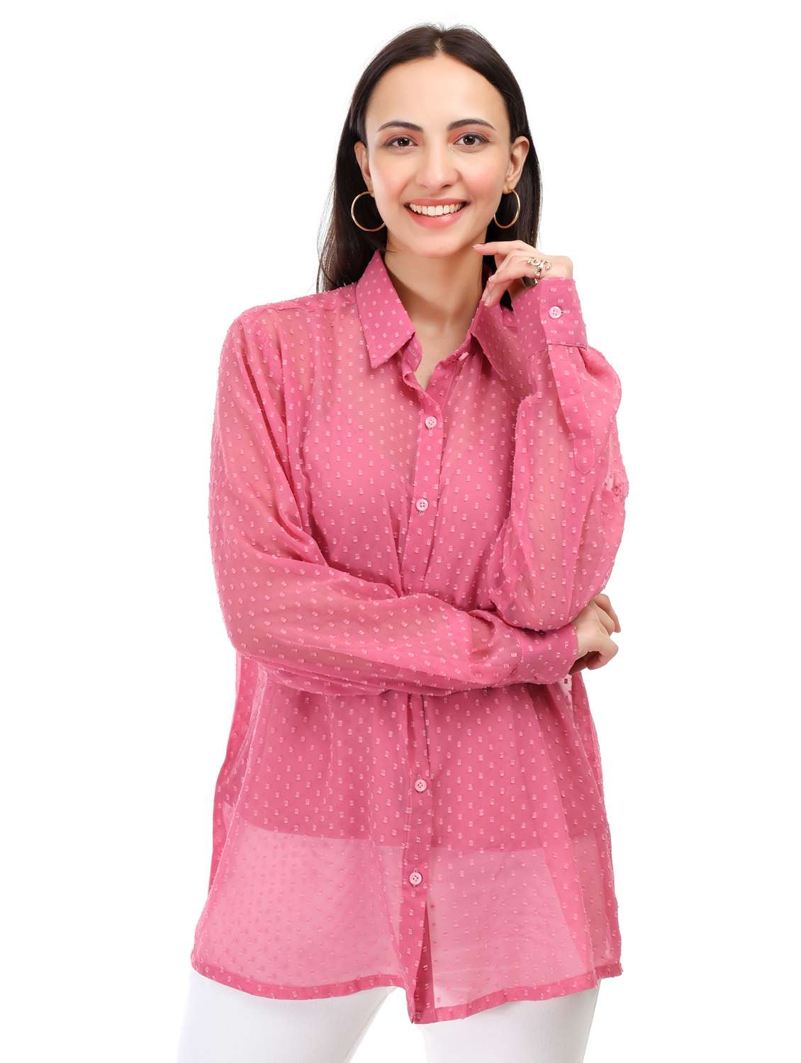 women self designed collared oversized sheer shirt - 21947863 -  Zoom Image - 0