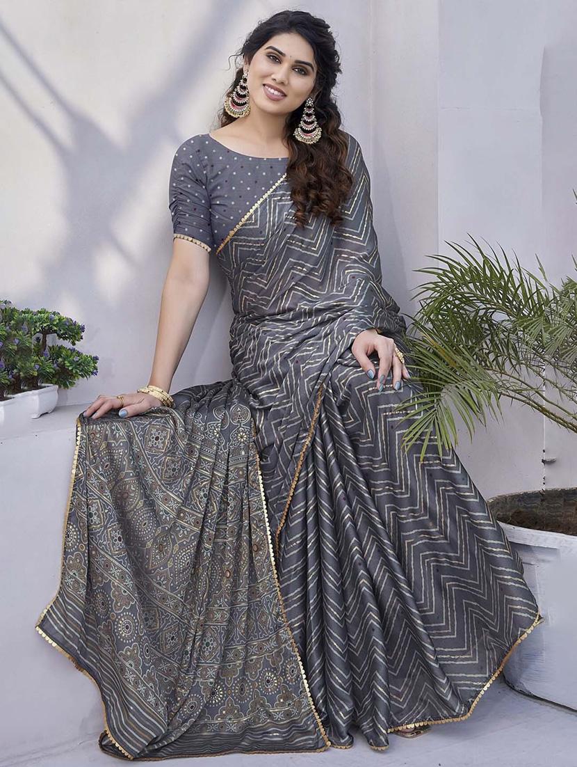 women grey chevron printed saree with blouse - 21947869 -  Zoom Image - 0