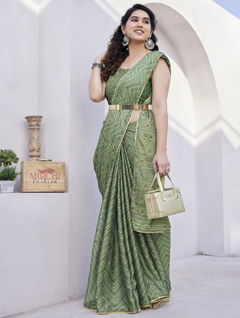 women green chevron printed saree with blouse - 21947870 -  Zoom Image - 0