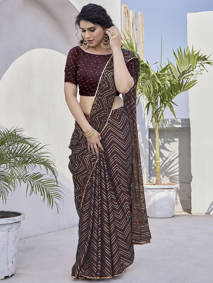 women brown chevron printed saree with blouse