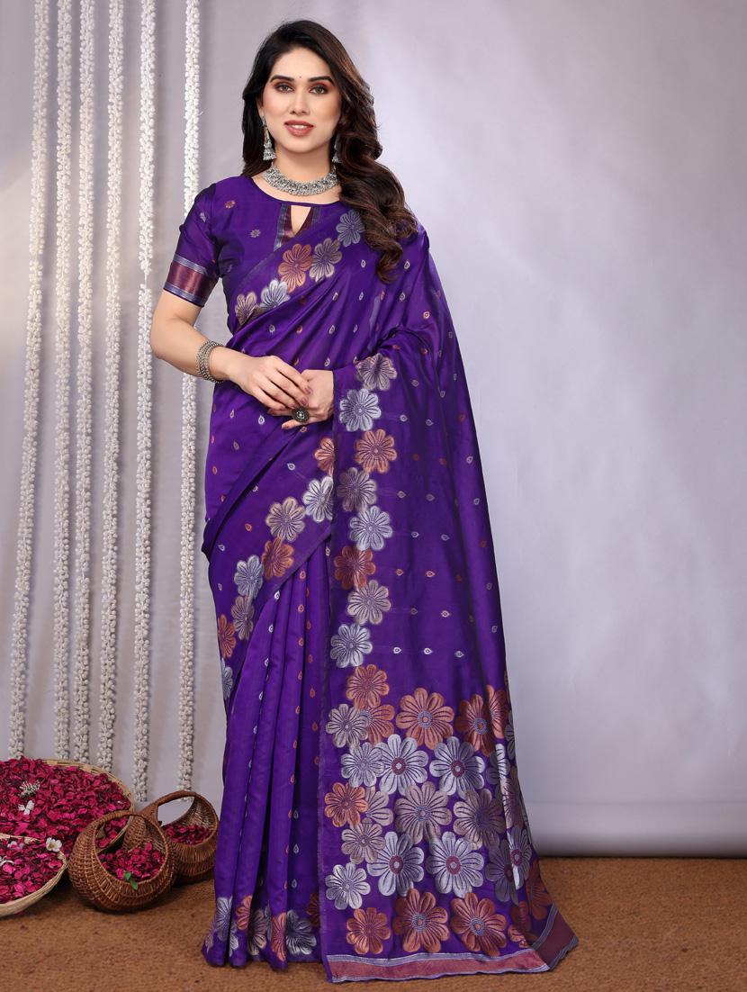 women purple banarasi saree with blouse