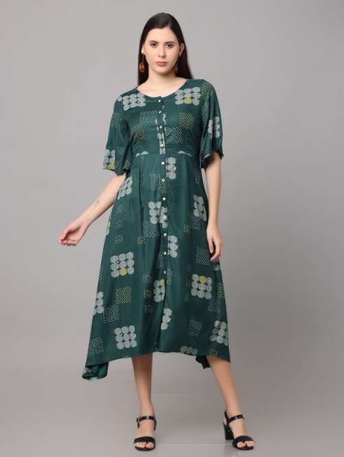 women printed short sleeve asymmetric ethnic dress - 21947881 -  Standard Image - 0