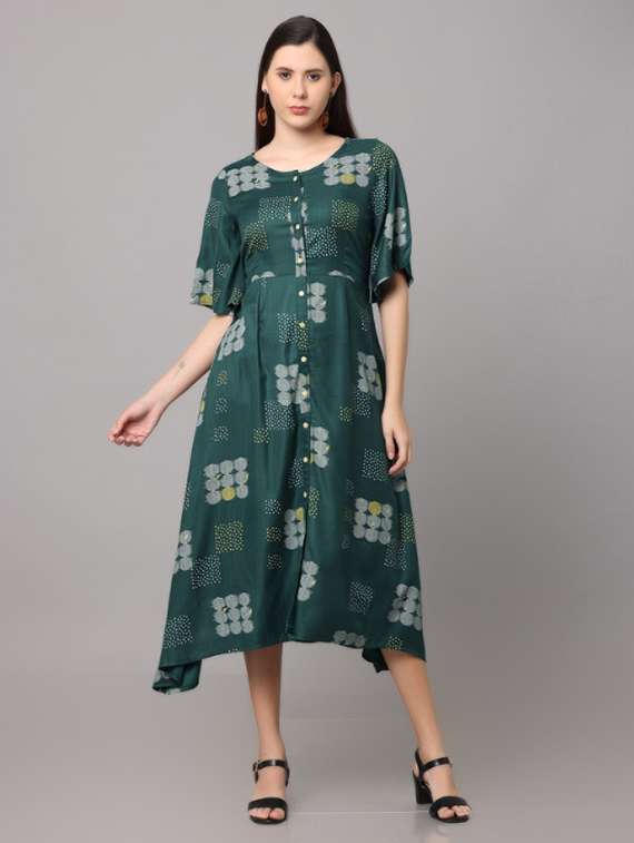 women printed short sleeve asymmetric ethnic dress - 21947881 -  Standard Image - 3