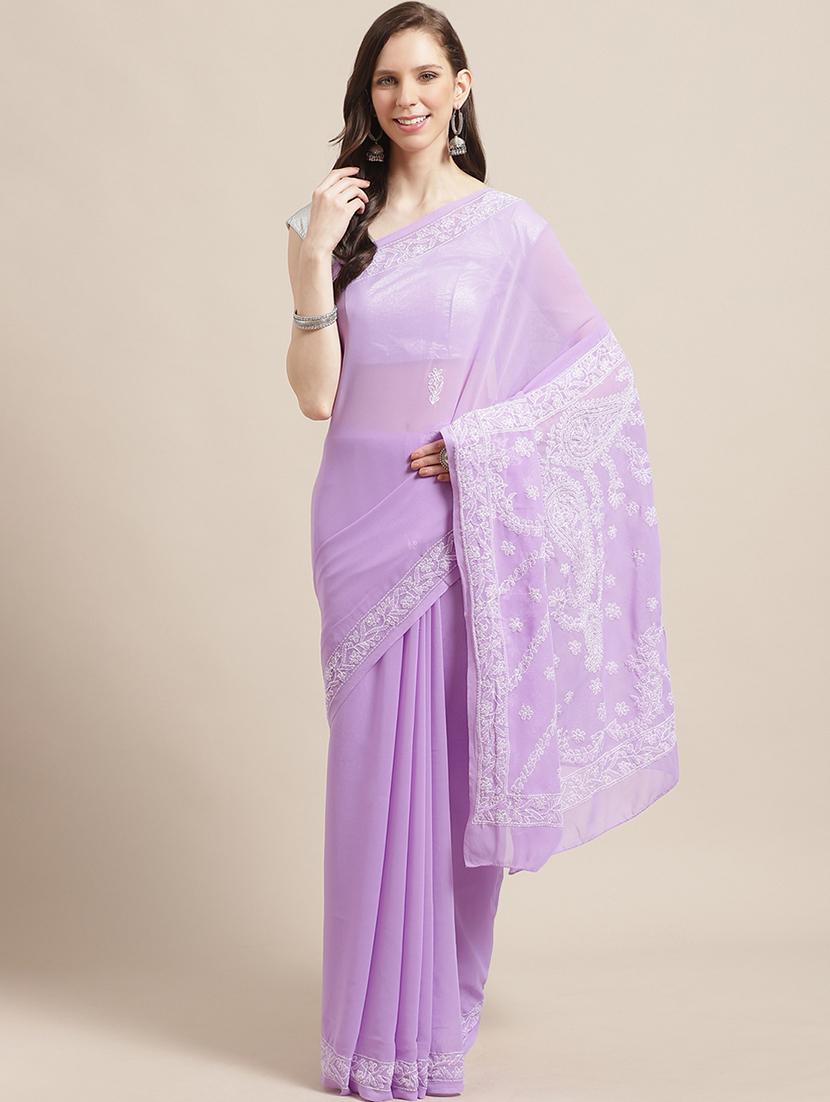 women solid with work chikankari saree with blouse - 21947972 - Zoom Image - 0