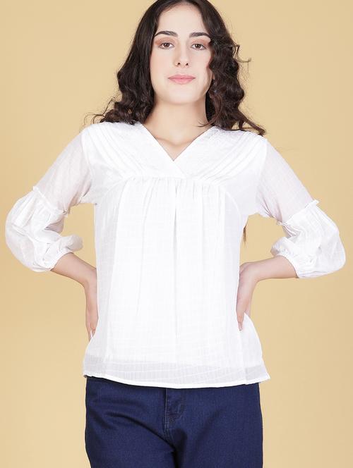 women white solid puff sleeve regular top - 21948049 - Standard Image - 0