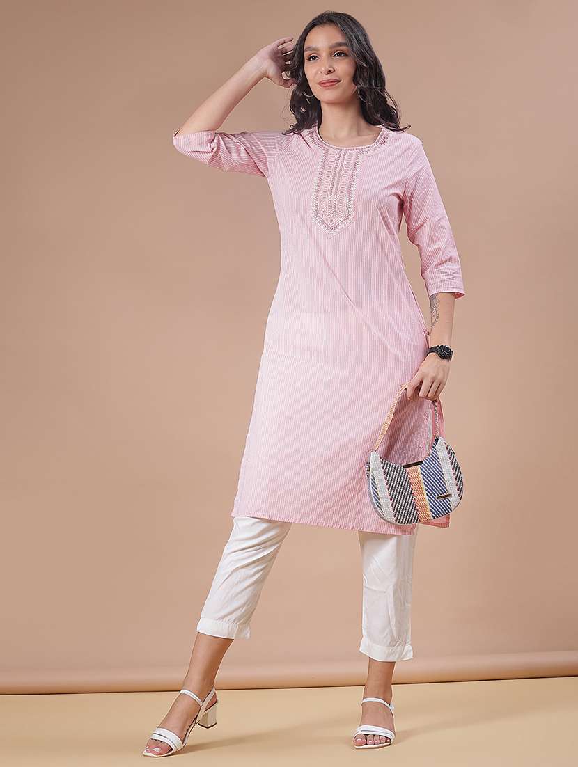 women striped three quarter sleeve straight kurta - 21948145 -  Standard Image - 3