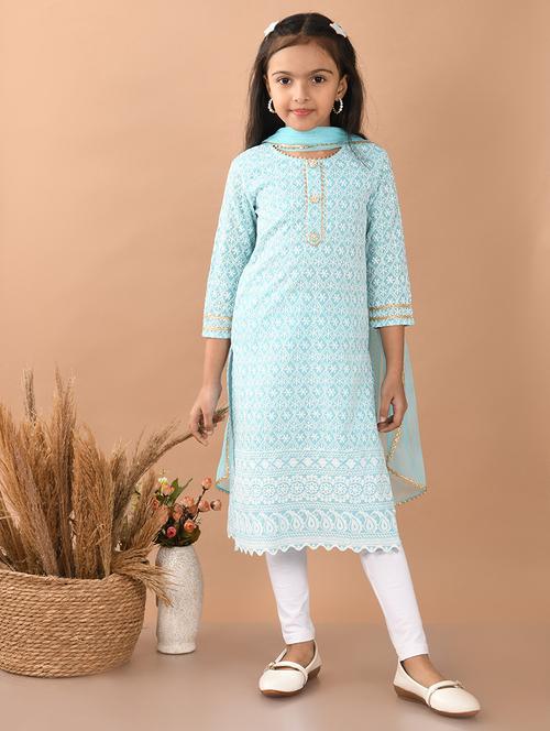 girls embroidered round neck kurta ans dupatta set - 21948173 -  Standard Image - 0