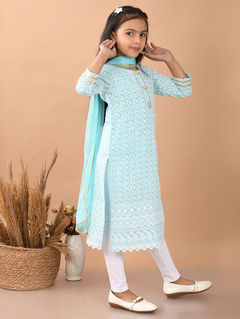 girls embroidered round neck kurta ans dupatta set - 21948173 - Standard Image - 3