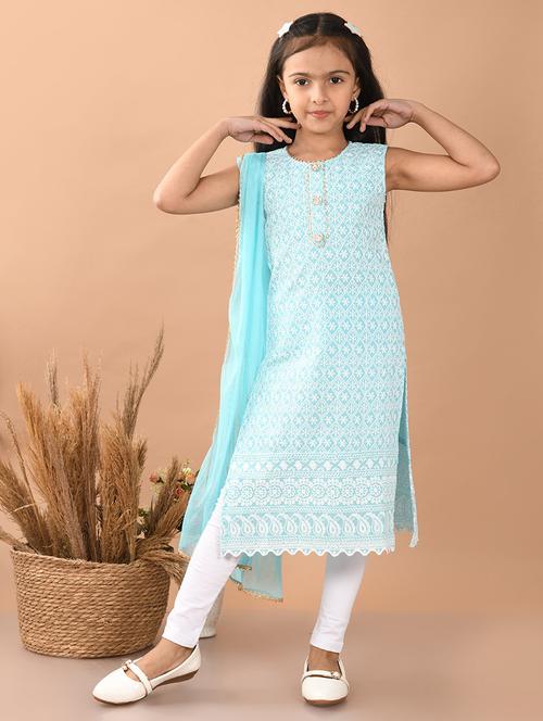 girls embroidered round neck kurta and dupatta set - 21948184 -  Standard Image - 0
