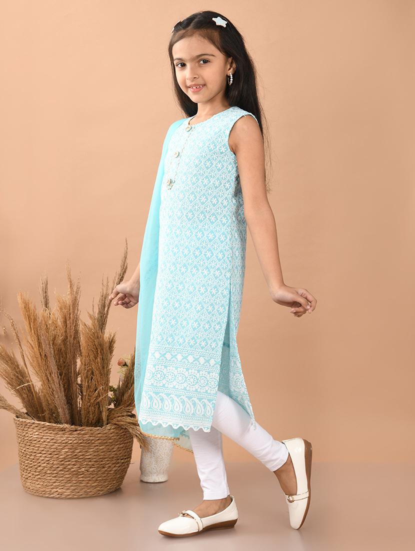 girls embroidered round neck kurta and dupatta set - 21948184 - Standard Image - 3